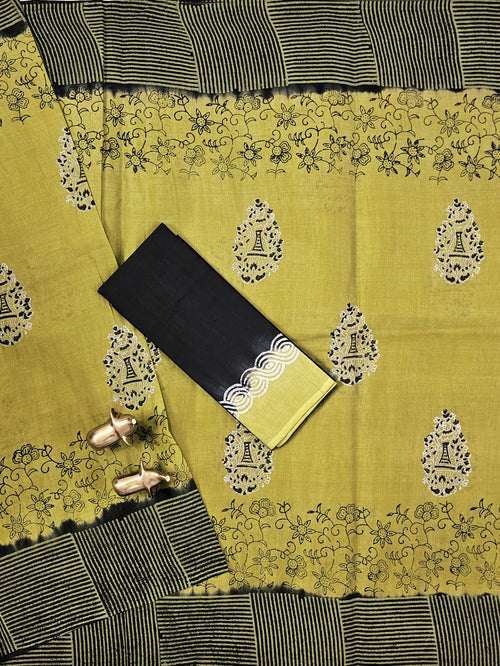Pure Cotton with Hand Block Prints - Green with Black
