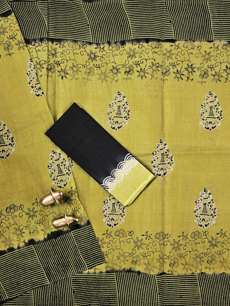 Pure Cotton with Hand Block Prints - Green with Black