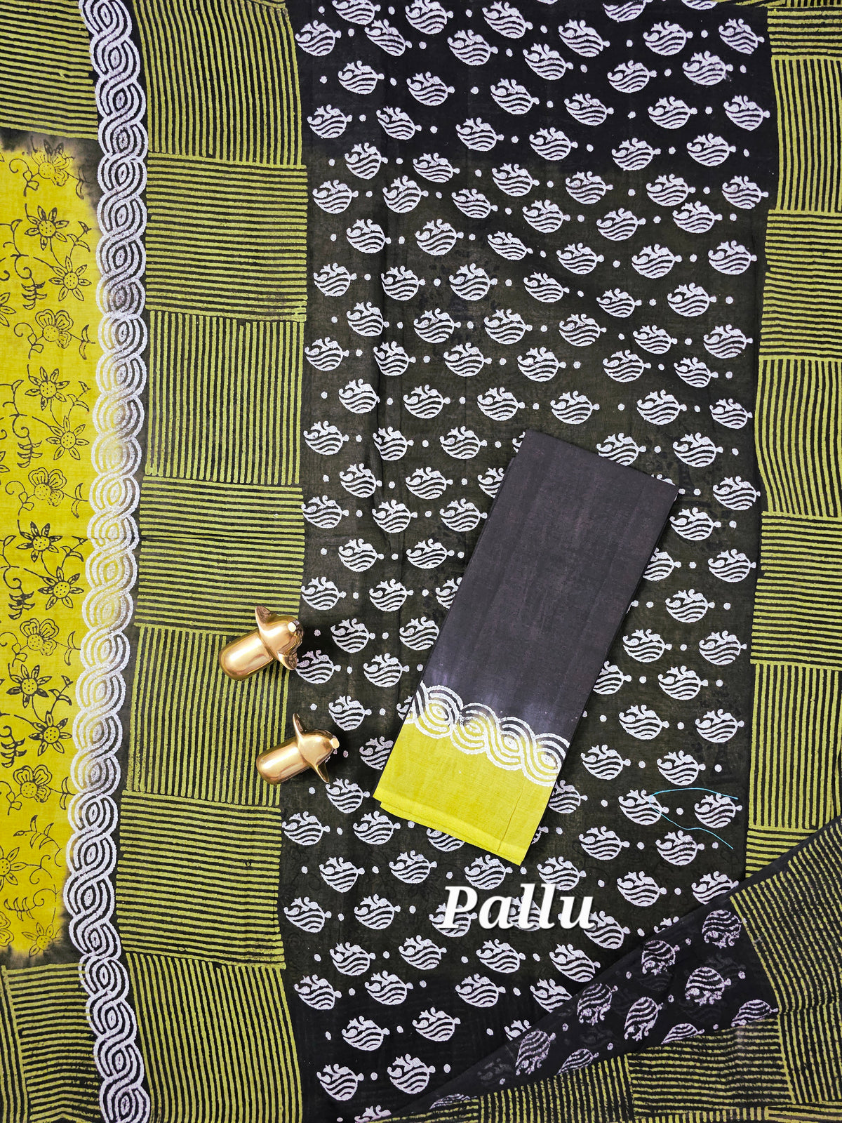Pure Cotton with Hand Block Prints - Green with Black