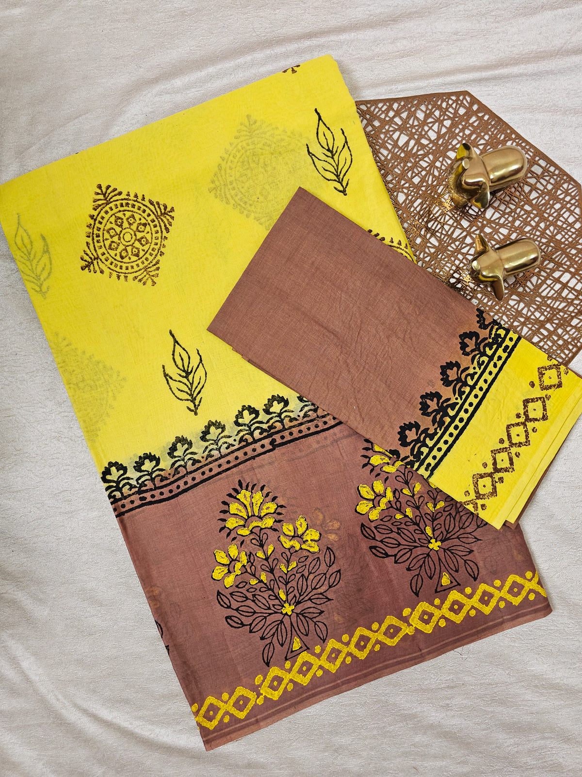 Pure Cotton with Hand Block Prints - Yellow with Brown