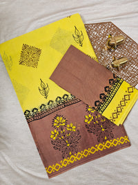 Pure Cotton with Hand Block Prints - Yellow with Brown