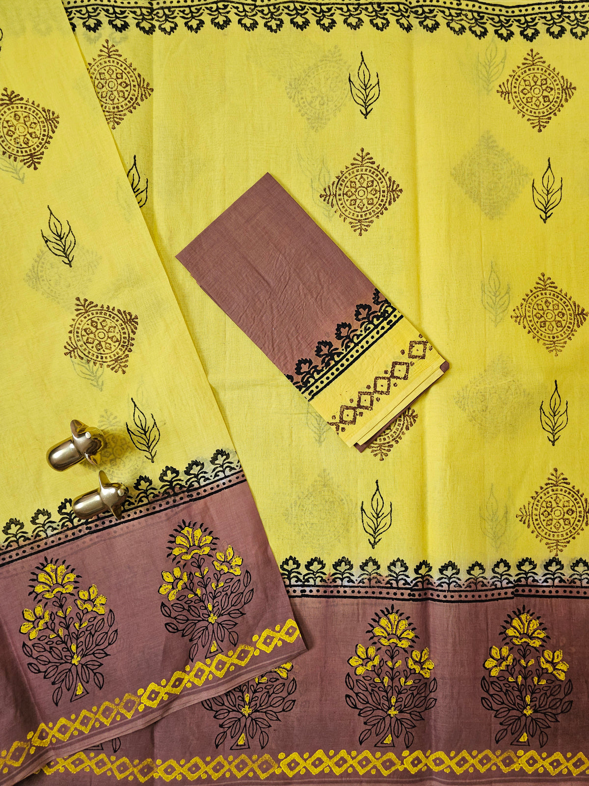 Pure Cotton with Hand Block Prints - Yellow with Brown