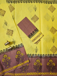 Pure Cotton with Hand Block Prints - Yellow with Brown