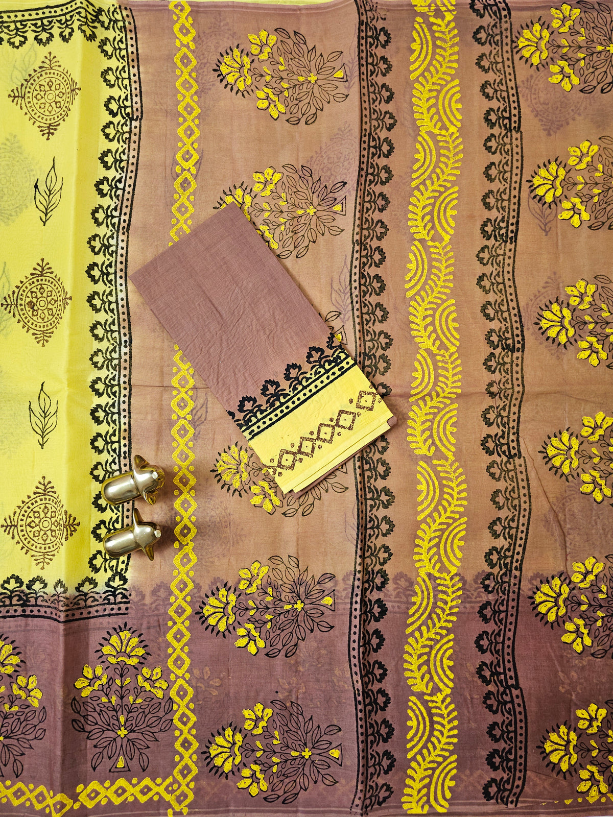 Pure Cotton with Hand Block Prints - Yellow with Brown
