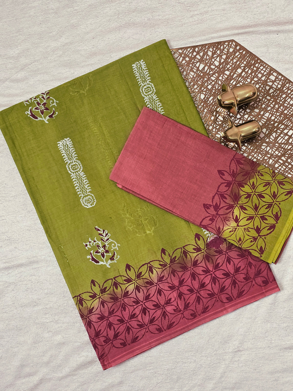 Pure Cotton with Hand Block Prints - Green with Peach