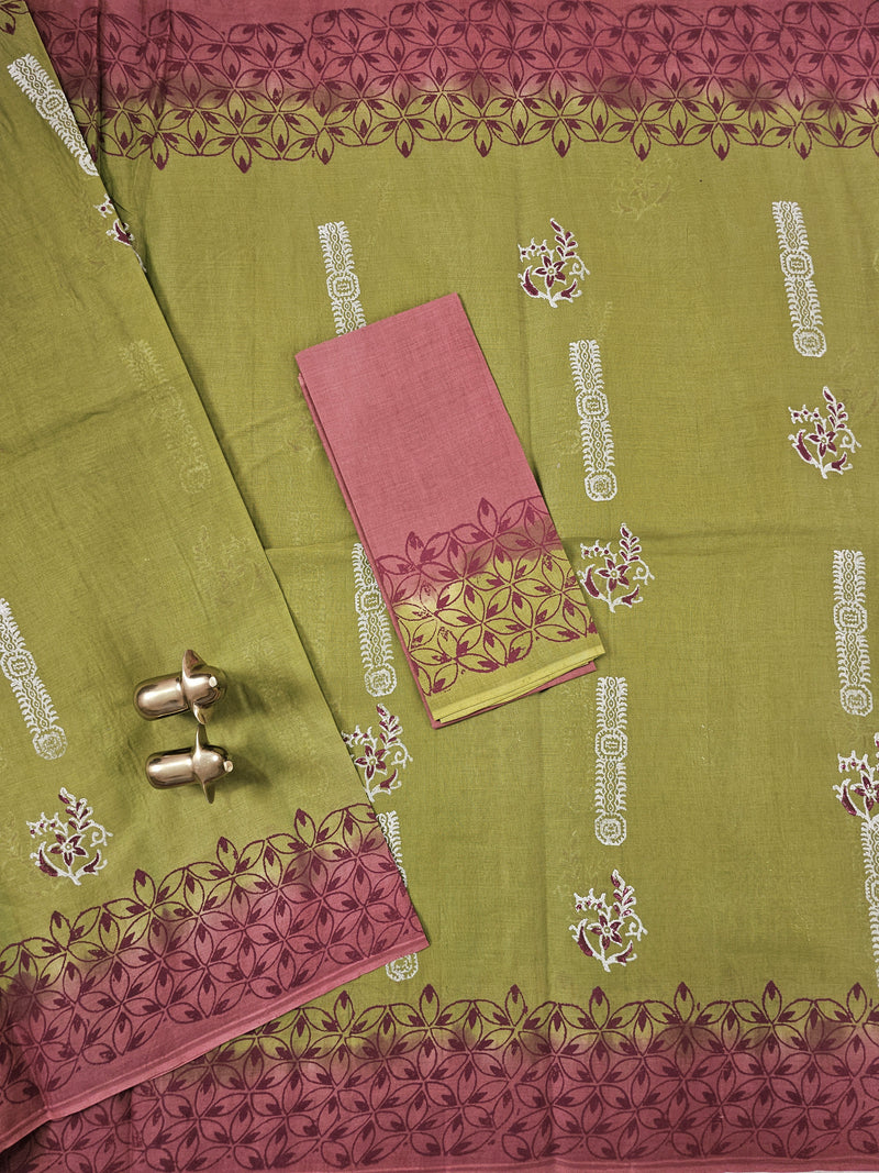 Pure Cotton with Hand Block Prints - Green with Peach