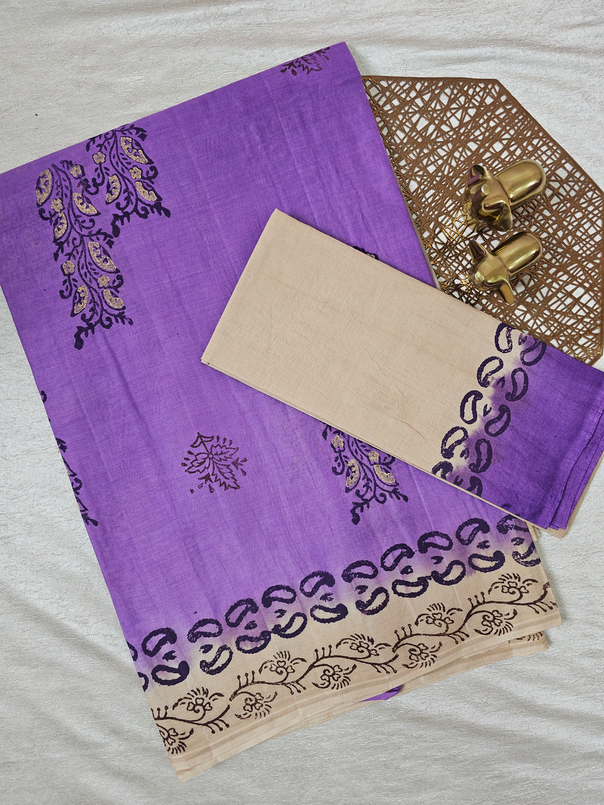 Pure Cotton with Hand Block Prints - Lavender with Cream