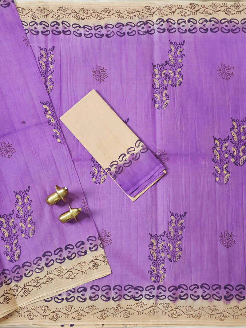 Pure Cotton with Hand Block Prints - Lavender with Cream
