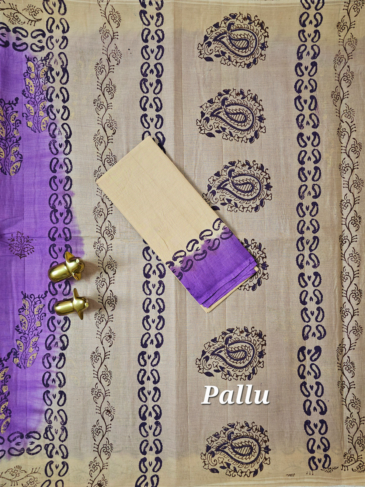 Pure Cotton with Hand Block Prints - Lavender with Cream