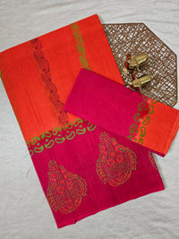 Pure Cotton with Hand Block Prints - Orange with Pink