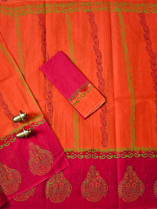 Pure Cotton with Hand Block Prints - Orange with Pink