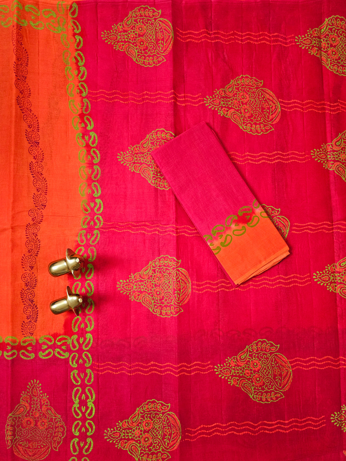 Pure Cotton with Hand Block Prints - Orange with Pink