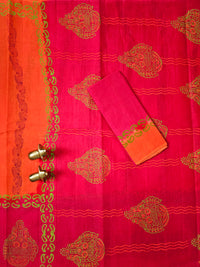 Pure Cotton with Hand Block Prints - Orange with Pink