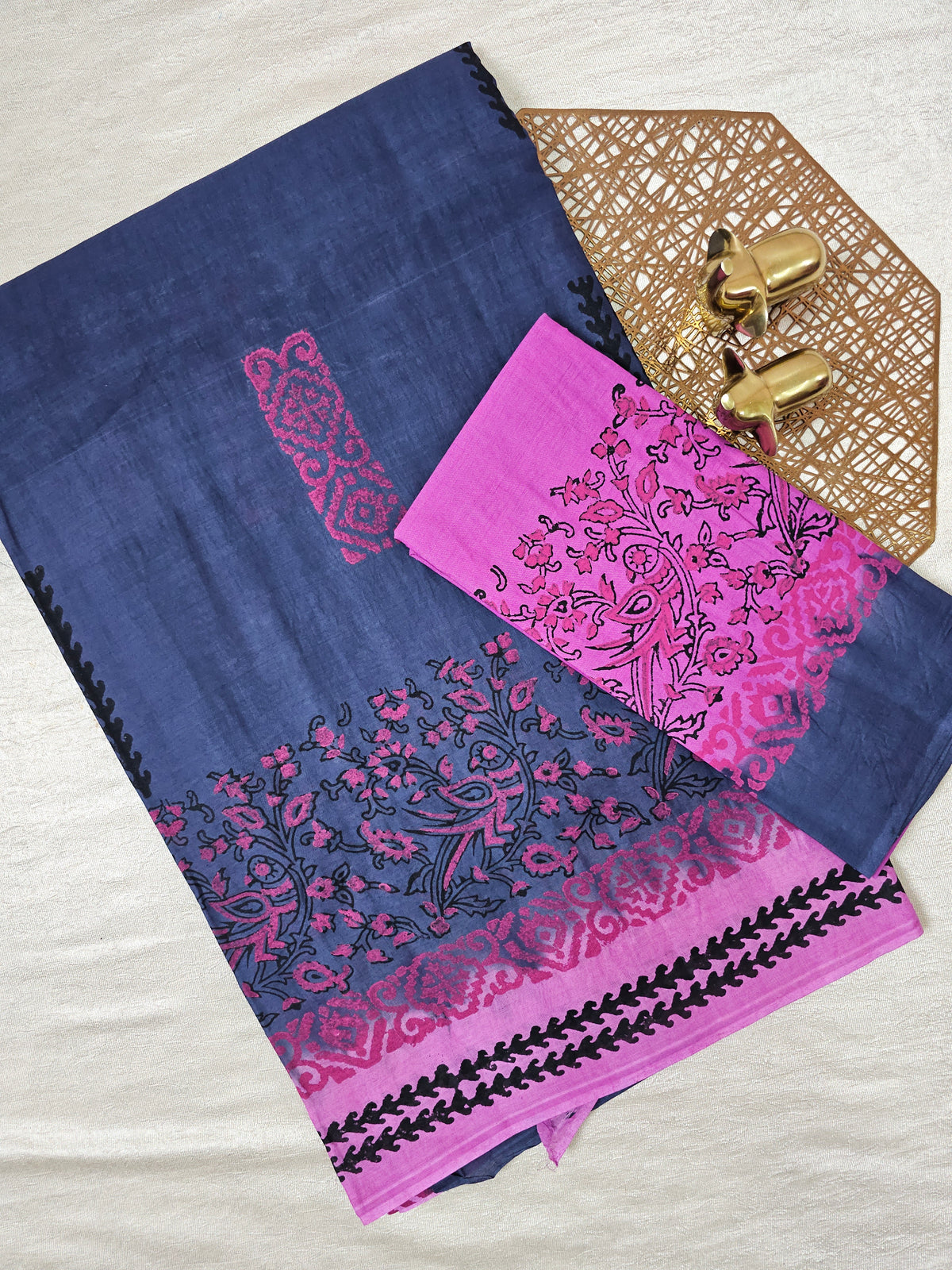 Pure Cotton with Hand Block Prints - Grey with Pink