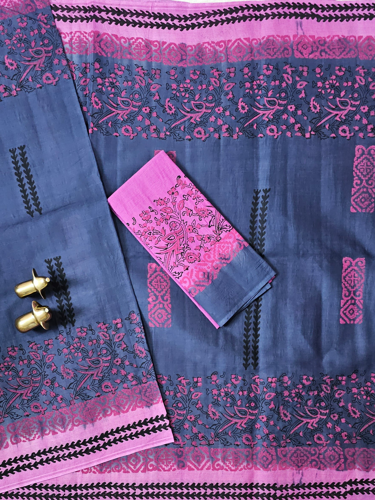 Pure Cotton with Hand Block Prints - Grey with Pink