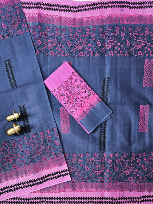 Pure Cotton with Hand Block Prints - Grey with Pink