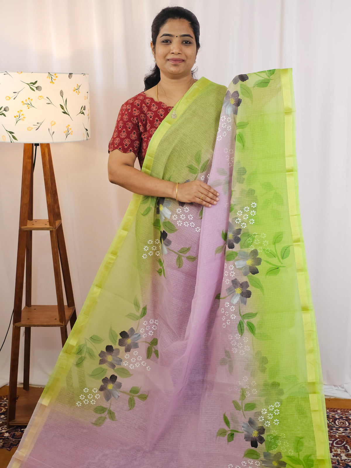 Semi Tussar Kota with Hand Painted Saree - Purple with Green