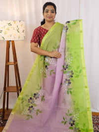 Semi Tussar Kota with Hand Painted Saree - Purple with Green
