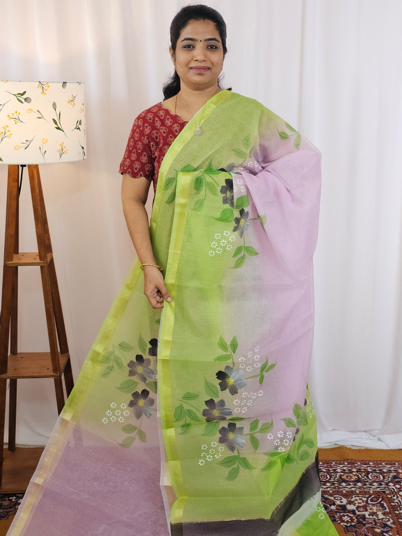 Semi Tussar Kota with Hand Painted Saree - Purple with Green