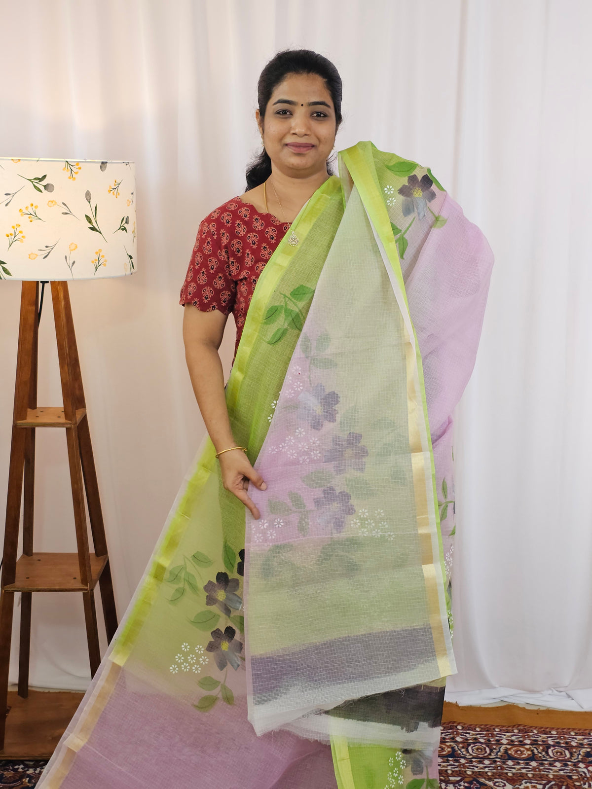 Semi Tussar Kota with Hand Painted Saree - Purple with Green