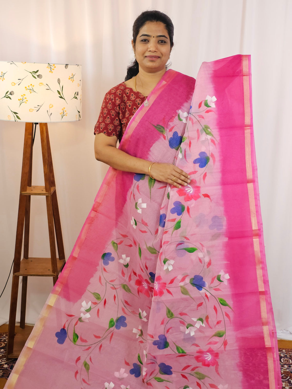 Semi Tussar Kota with Hand Painted Saree - Pink