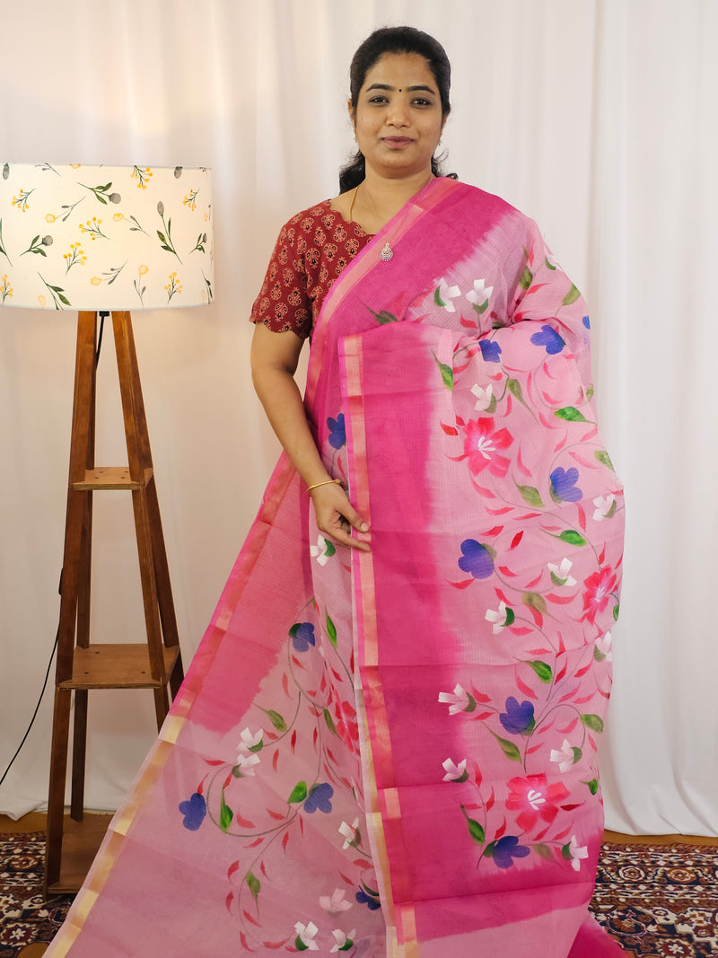 Semi Tussar Kota with Hand Painted Saree - Pink