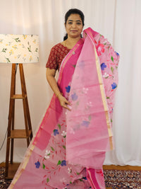 Semi Tussar Kota with Hand Painted Saree - Pink
