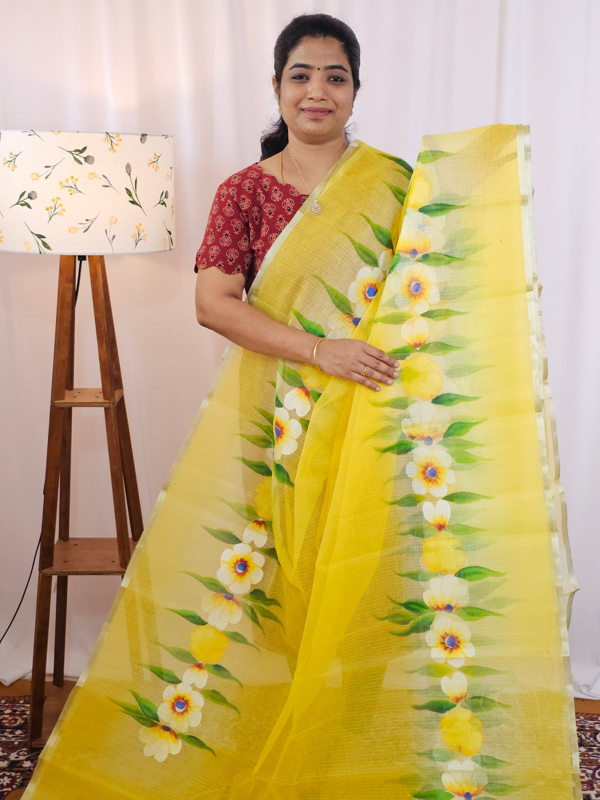 Semi Tussar Kota with Hand Painted Saree - Yellow with Green