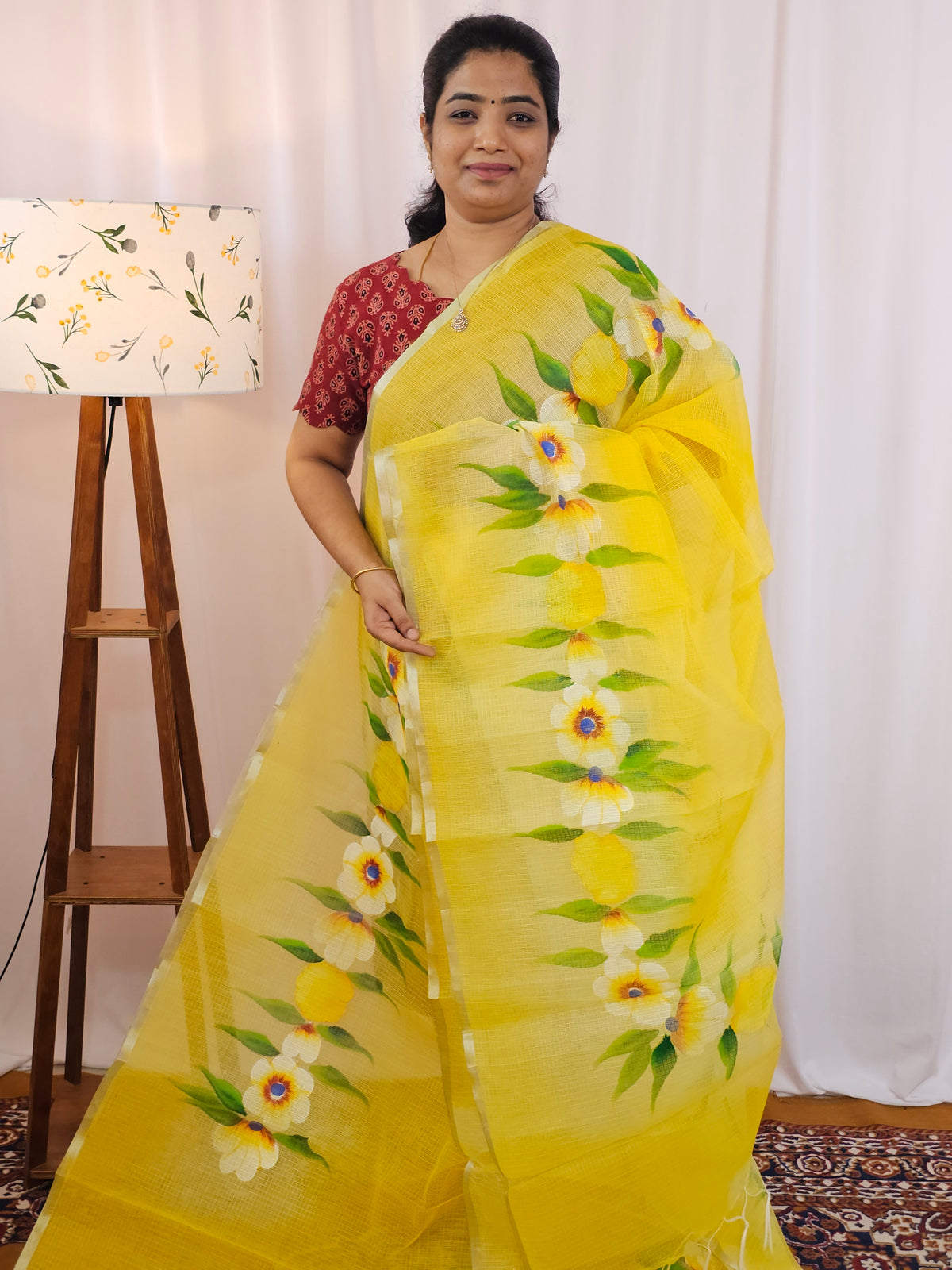 Semi Tussar Kota with Hand Painted Saree - Yellow with Green