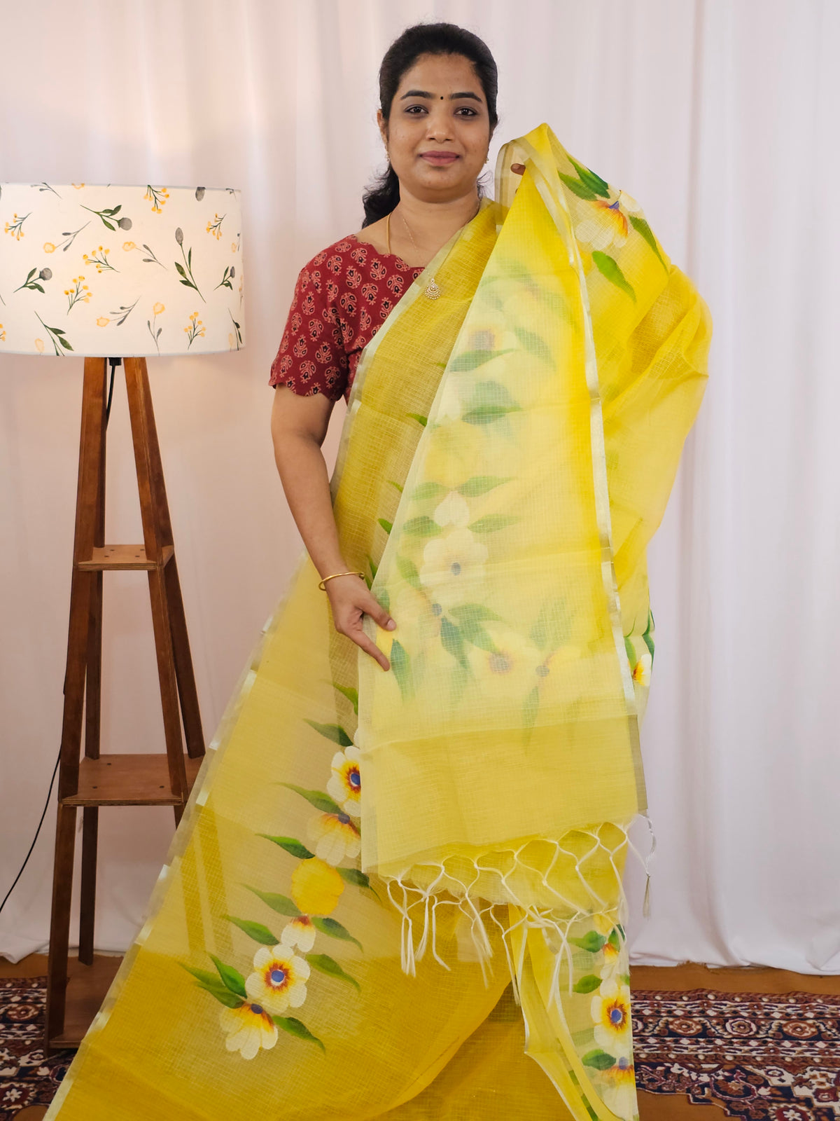 Semi Tussar Kota with Hand Painted Saree - Yellow with Green
