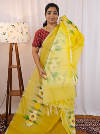 Semi Tussar Kota with Hand Painted Saree - Yellow with Green
