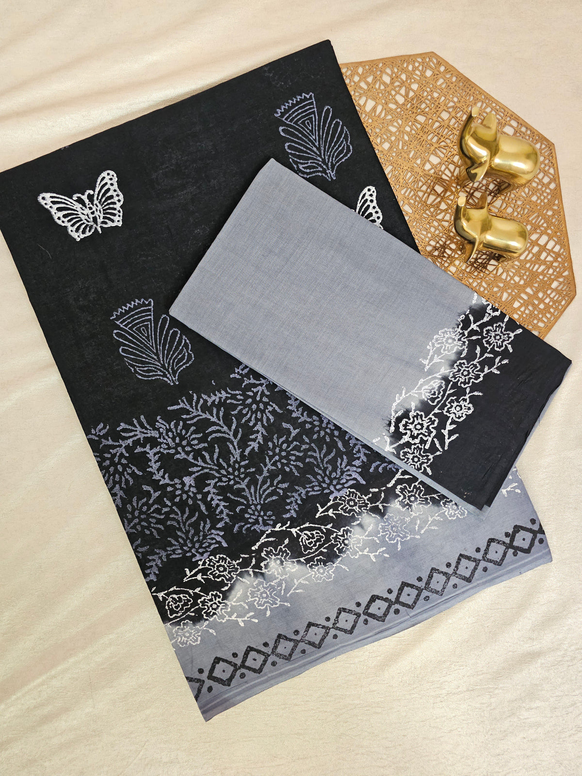 Pure Cotton with Hand Block Prints - Black with Grey