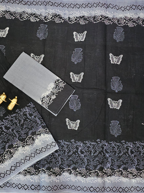 Pure Cotton with Hand Block Prints - Black with Grey