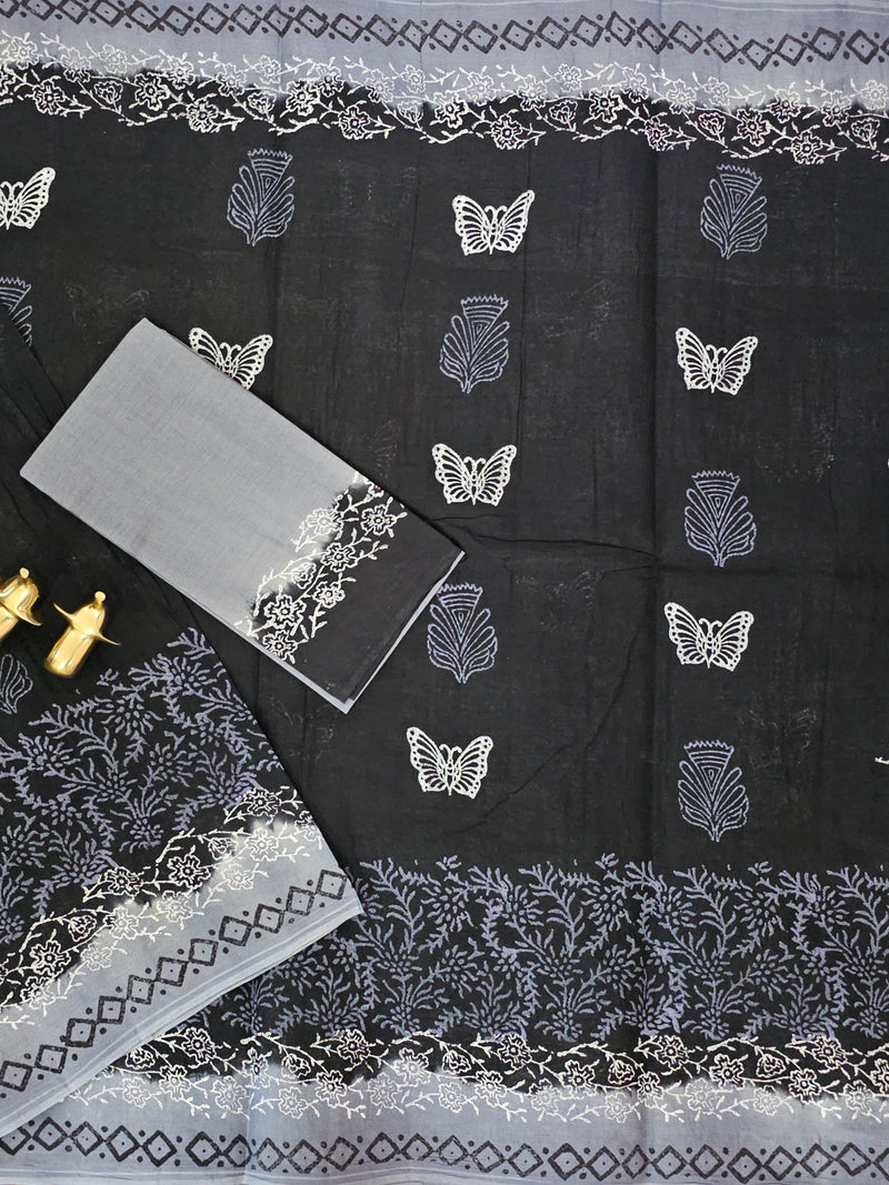 Pure Cotton with Hand Block Prints - Black with Grey