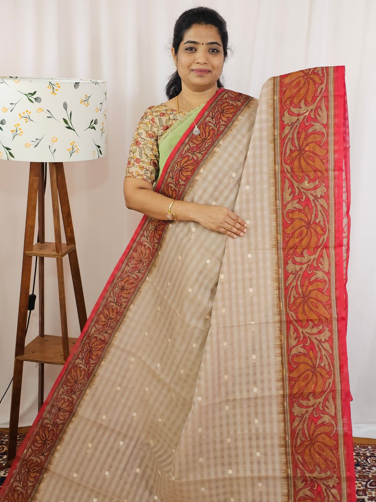 Premium Super Net Kota Saree - Beige with Red