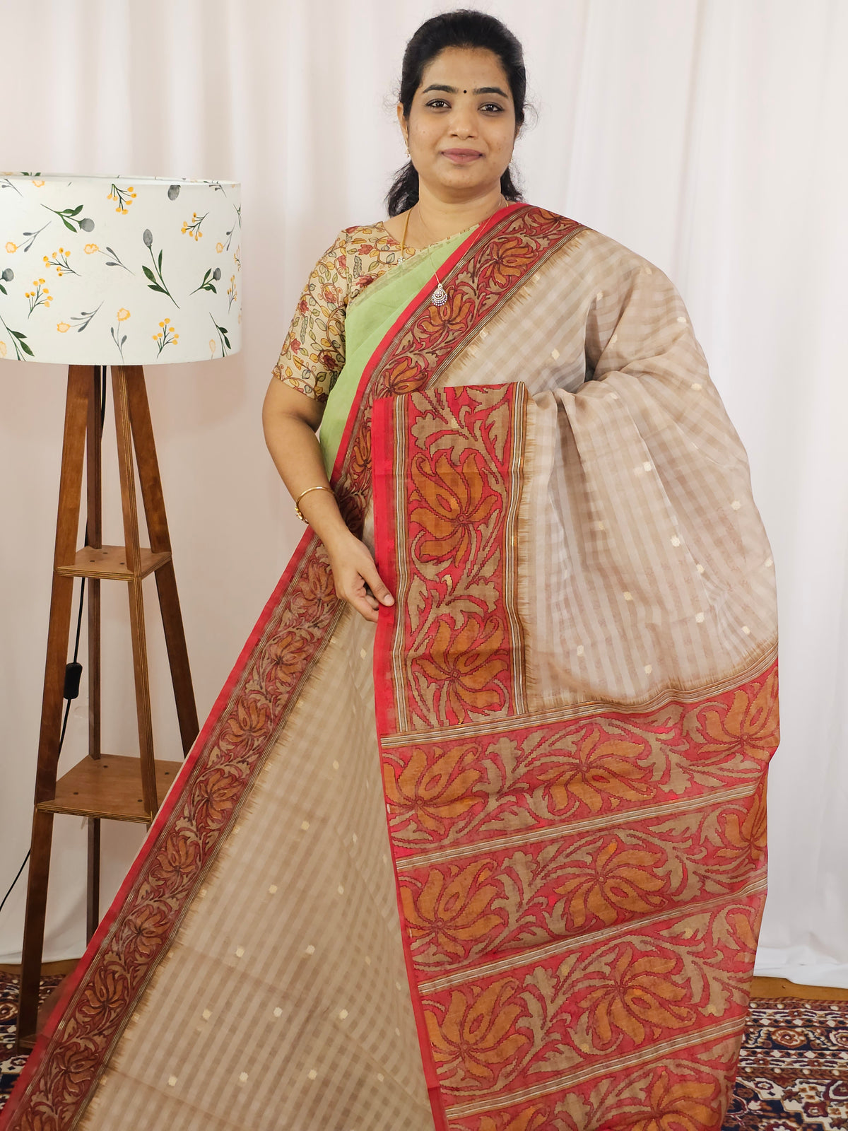 Premium Super Net Kota Saree - Beige with Red