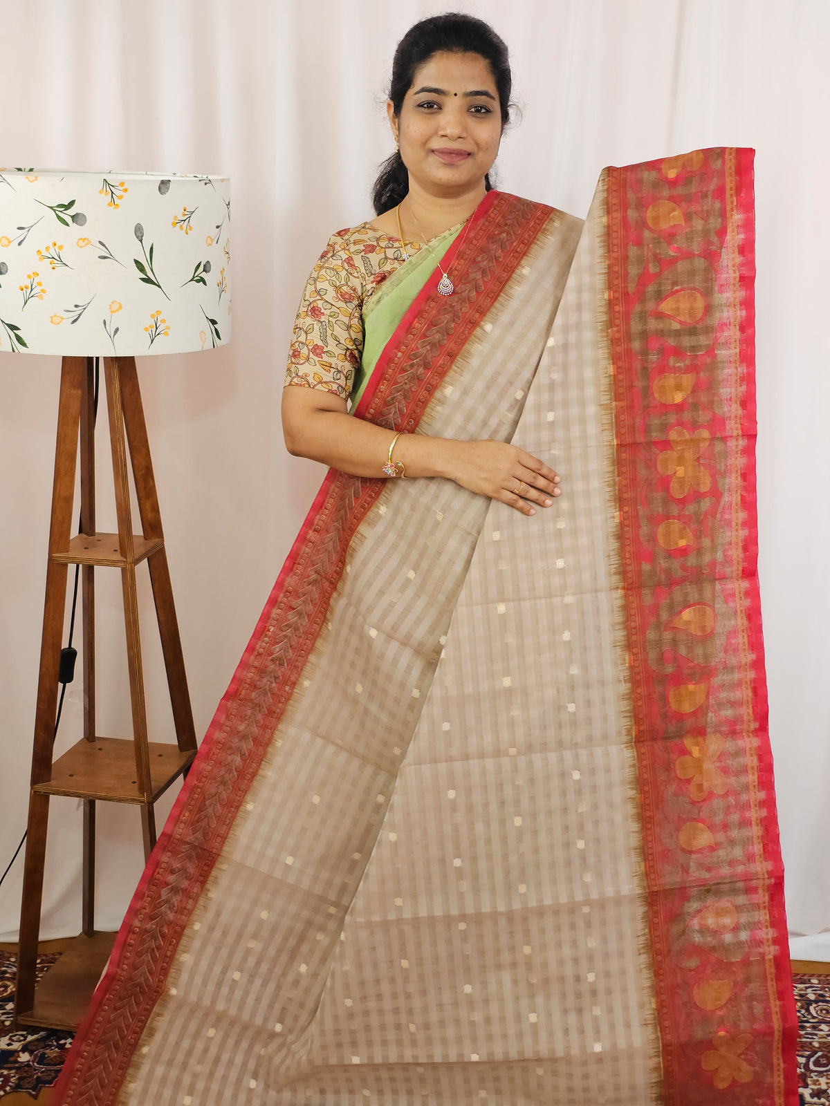 Premium Super Net Kota Saree - Beige with Red