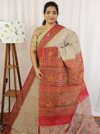 Premium Super Net Kota Saree - Beige with Red