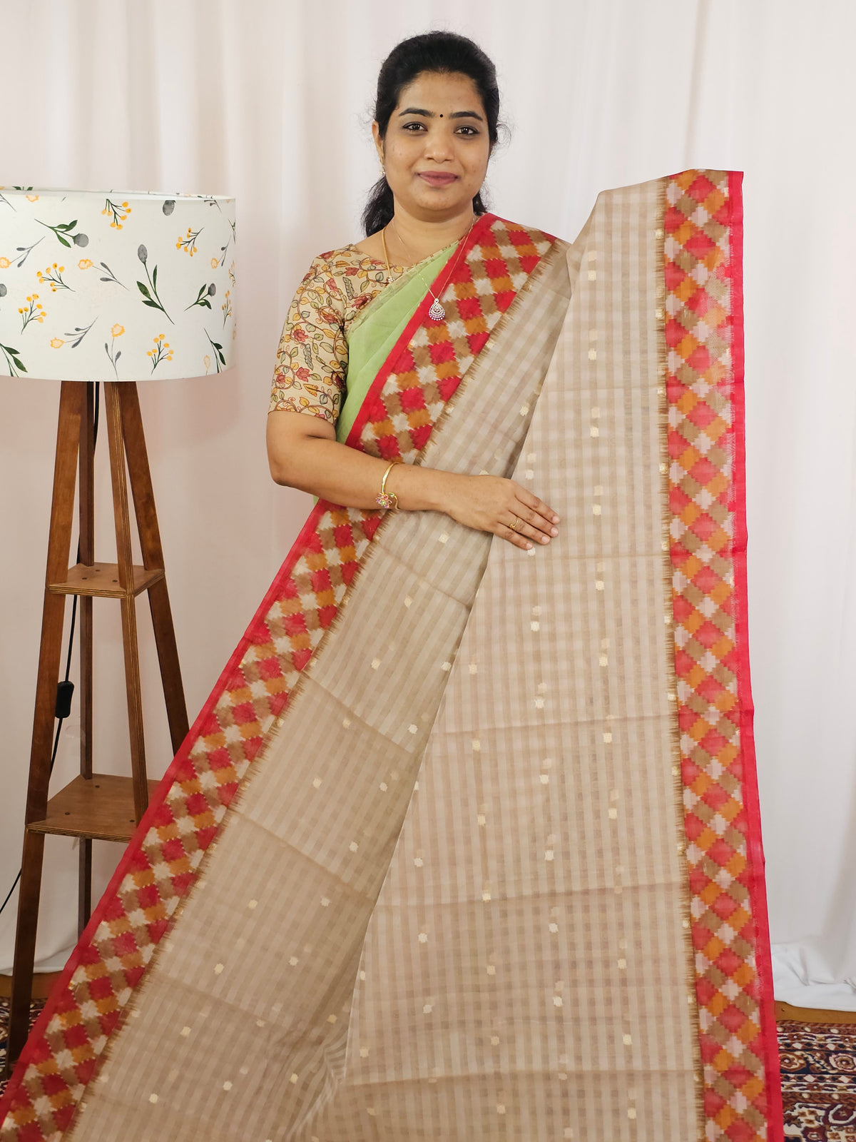 Premium Super Net Kota Saree - Beige with Red