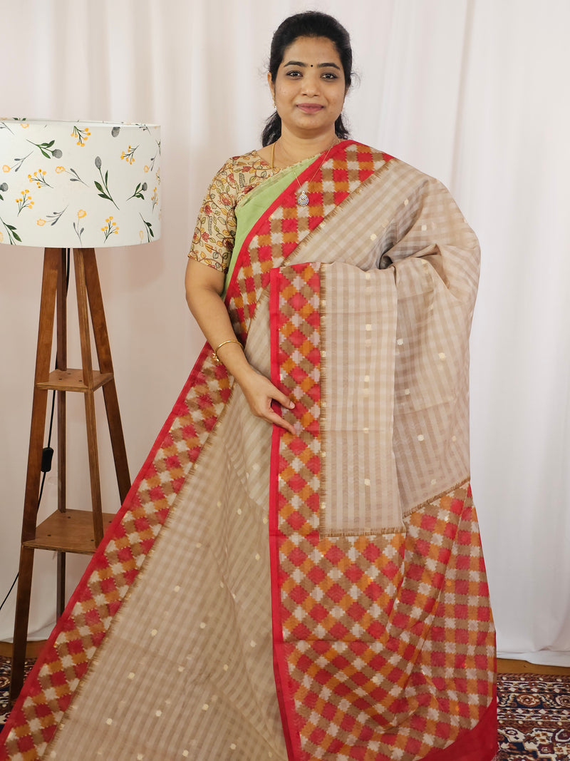 Premium Super Net Kota Saree - Beige with Red