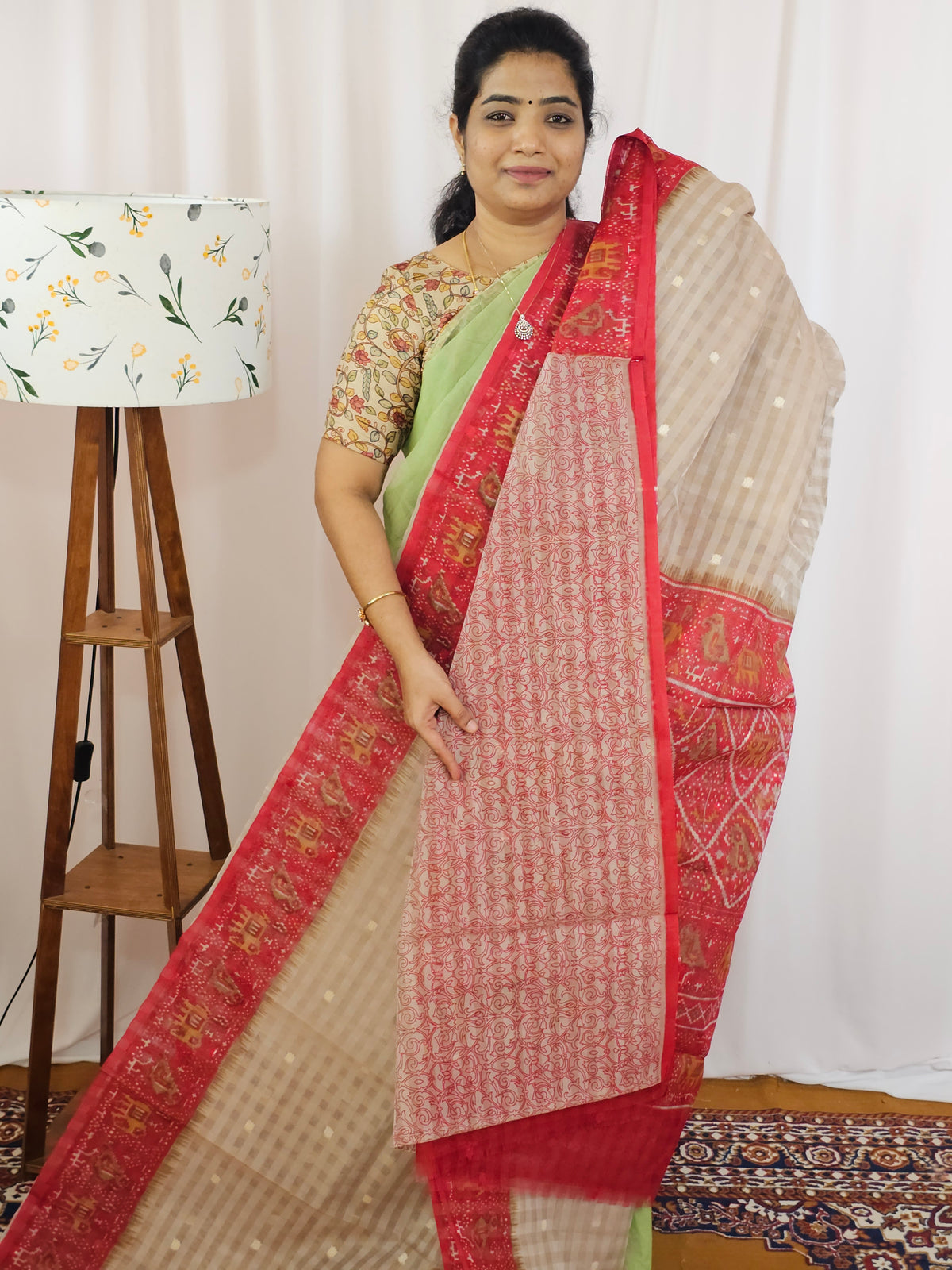Premium Super Net Kota Saree - Beige with Red
