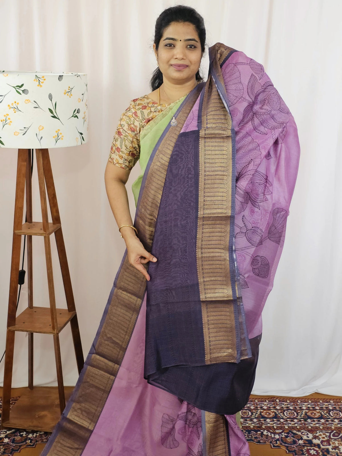 Pure Chanderi Butter Silk - Pink with Dark Purple