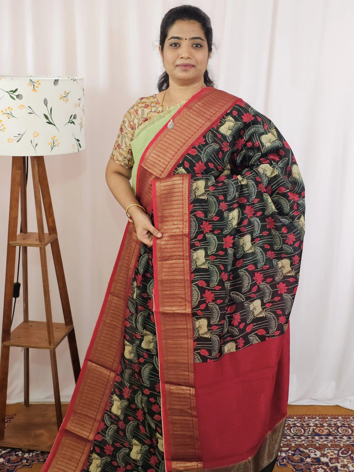 Pure Chanderi Butter Silk - Black with Red