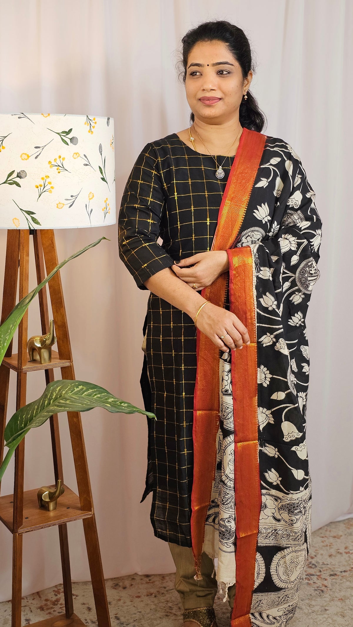 Premium 3 Pcs Raw Silk Salwar - Black with Beige