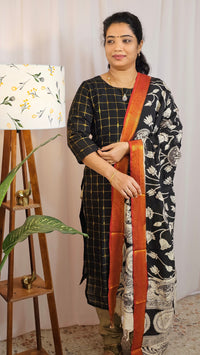 Premium 3 Pcs Raw Silk Salwar - Black with Beige