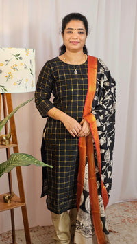 Premium 3 Pcs Raw Silk Salwar - Black with Beige