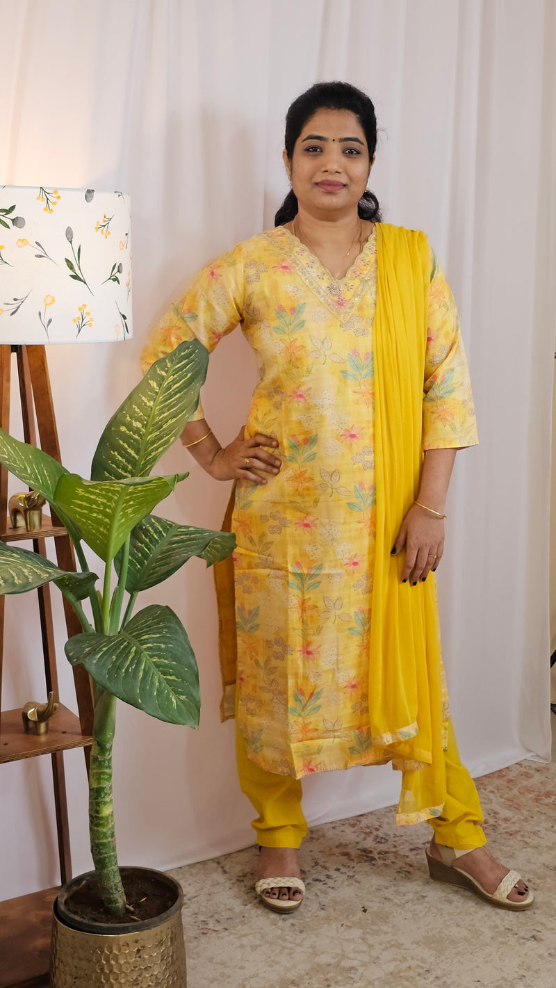 Premium 3 Pcs Semi Tussar Kota Stitched Salwar Set – Yellow