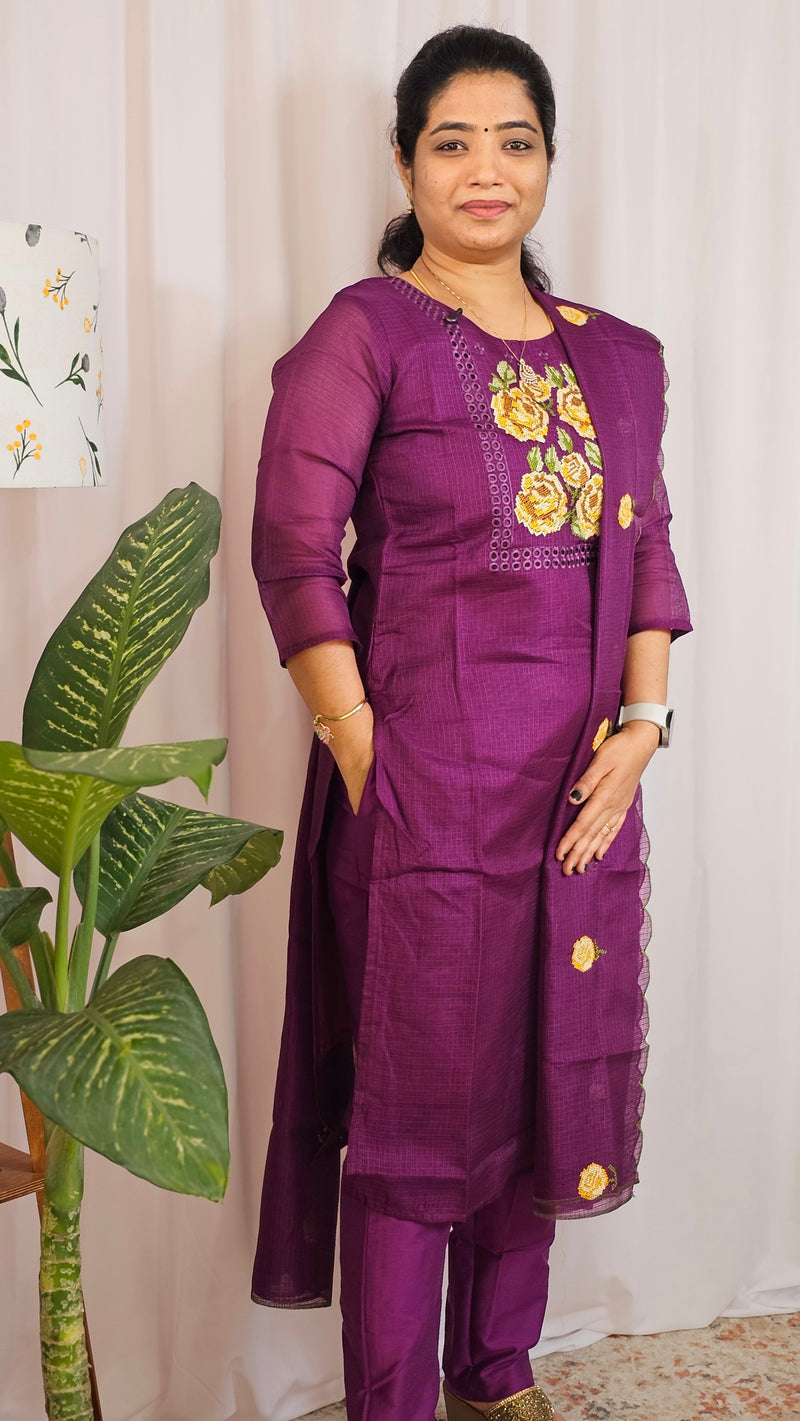 Premium 3 Pcs Semi Tussar Kota Stitched Salwar Set – Dark Purple