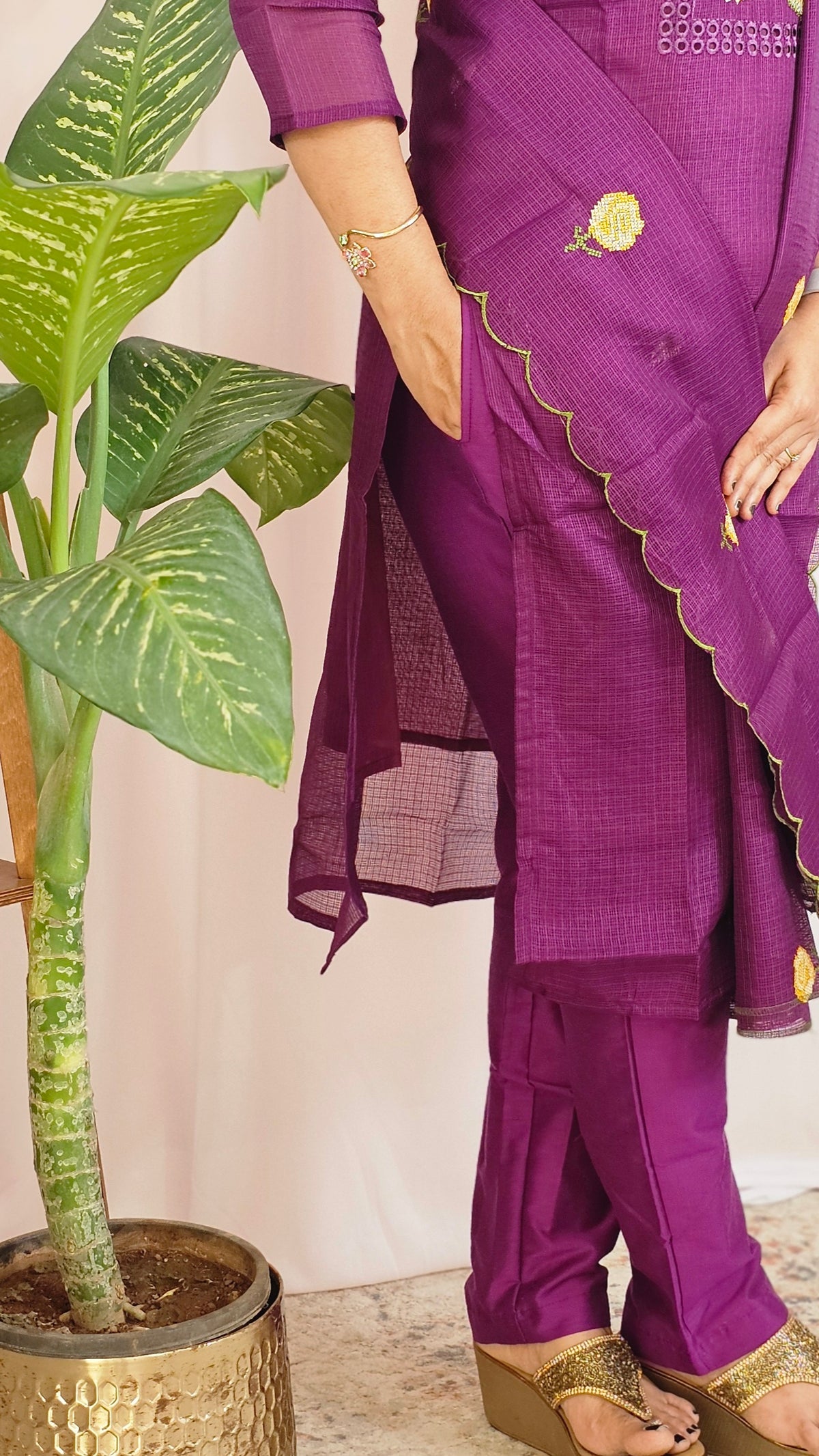 Premium 3 Pcs Semi Tussar Kota Unstitched Salwar Set – Dark Purple