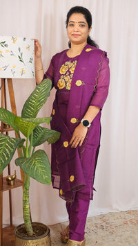 Premium 3 Pcs Semi Tussar Kota Unstitched Salwar Set – Dark Purple